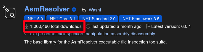 washi_dev's tweet photo. Never would I have expected this for a spare time hobby project. 1 million downloads is crazy, thank you all ❤️

#asmresolver #malware #dotnet #reversing https://t.co/ffZnsTkh5Y