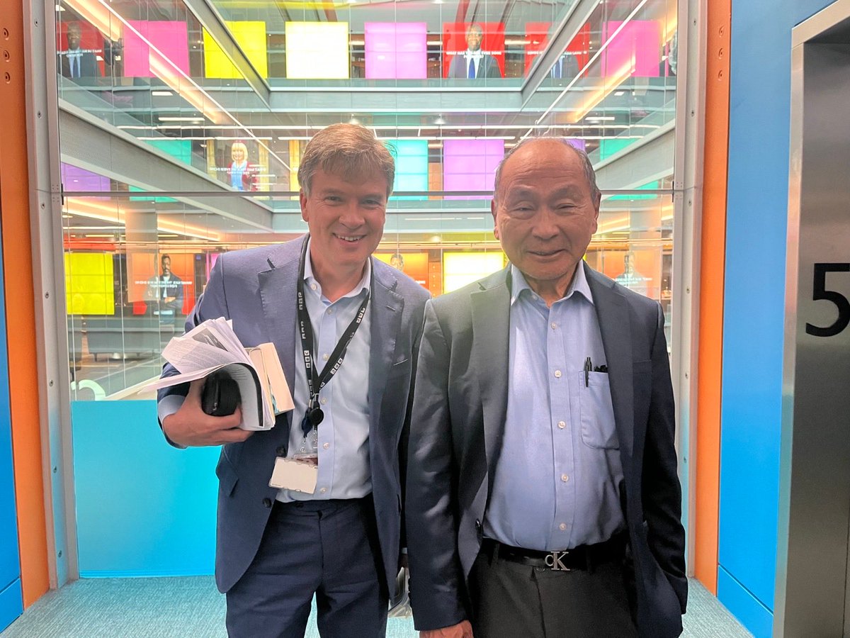 nicholaswatt's tweet photo. And here I am at BBC Towers with Francis Fukuyama armed with my homework - a copy of his landmark 1992 work and his new book https://t.co/Bg4DdzM0Mb