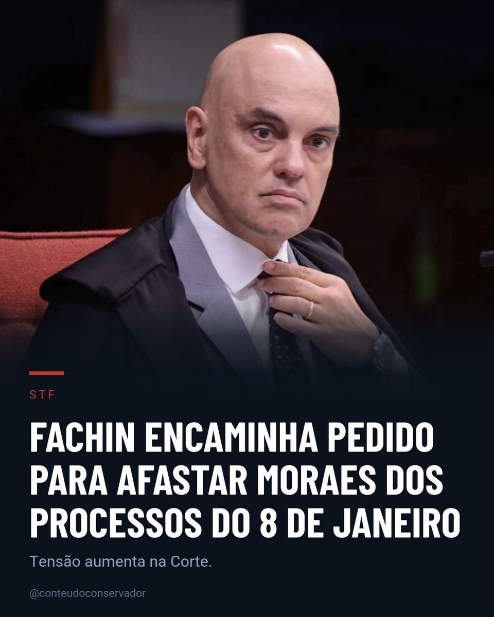 MachadoDarlon's tweet photo. 🔥⚖️🇧🇷🍳  FACHIN ENCAMINHA PEDIDO PARA AFASTAR MORAES DOS PROCESSOS DO 8 DE JANEIRO‼️ 
O presidente do Supremo Tribunal Federal, Edson Fachin, recebeu e encaminhou para análise um requerimento do Instituto Gritos de Liberdade (IGL) que pede o afastamento temporário do ministro Alexandre de Moraes dos processos ligados aos atos de 8 de janeiro de 2023. A Petição 16.681 está conclusa à Presidência da Corte desde sexta-feira, dia 4. O pedido foi protocolado pelo instituto na quarta-feira, dia 2. A petição defende que o afastamento temporário de Moraes seria necessário nos casos envolvendo os manifestantes do 8 de janeiro. Entre as medidas sugeridas está a redistribuição das decisões urgentes relacionadas a investigados e réus durante o período em que o afastamento vigorasse. O requerimento chega à Corte num momento em que vieram à tona as mensagens trocadas entre Alexandre de Moraes e o empresário Daniel Vorcaro, ex-controlador do Banco Master. As mensagens foram localizadas pela Polícia Federal em meio a uma investigação conduzida pela corporação. Tensão aumenta na Corte.