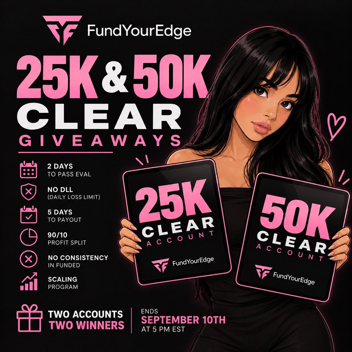 futureswithjo's tweet photo. TO ENTER:
1️⃣ Follow @futureswithjo , @fundyouredge 
2️⃣ Like &amp; RT
3️⃣ Comment which one you’d like to win!

Winner picked September 10th @ 5 PM EST

USE CODE JO AT LUCID • TRADEIFY • FUNDEDNEXT • FUND YOUR EDGE for the best discount ✨

Good luck everyone 🩷 https://t.co/zb75OU3ScN