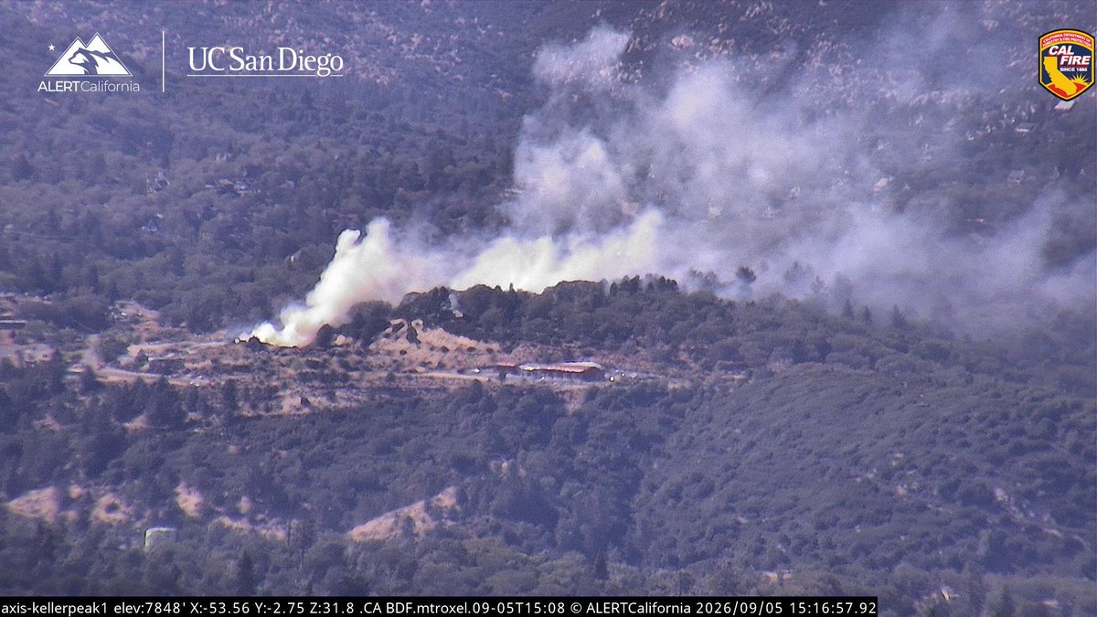 CaliFireTracker's tweet photo. The team at CWT is monitoring the #McKayFire.
The fire is burning through 3 acres of grass and oak woodland with structures threatened.
The fire is located off Hospital Road and North Shore Campground in Lake Arrowhead.
Below is a current look of the fire from Keller Peak 1.