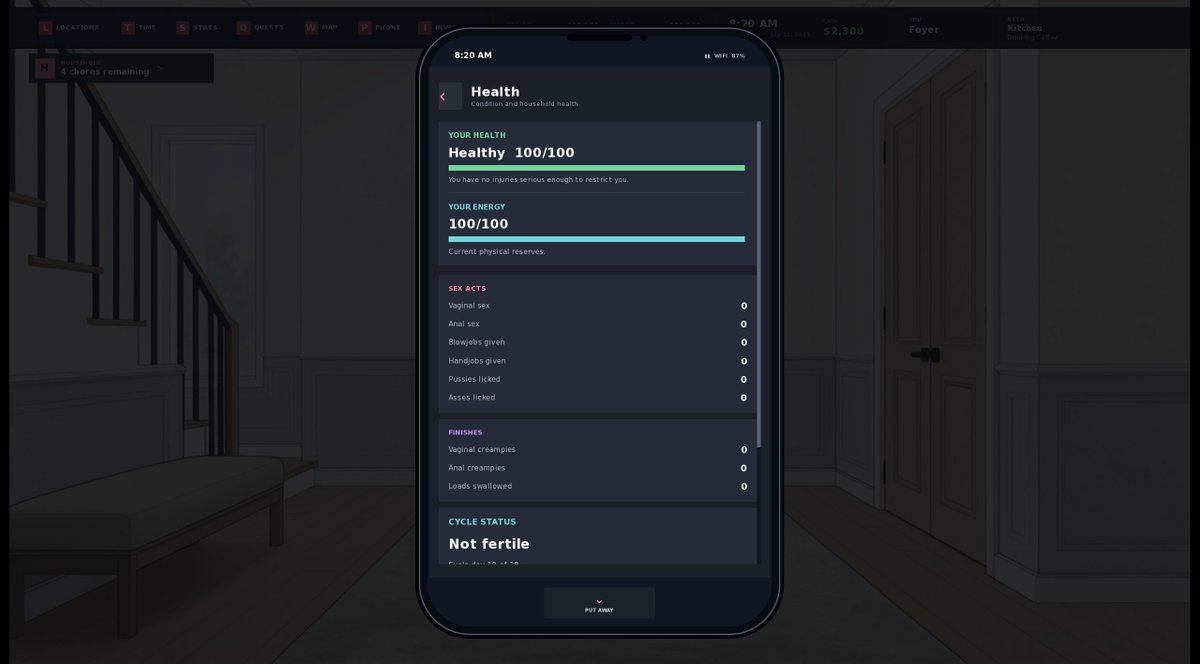 MoneyT_Dev's tweet photo. Oh yeah, Plus there's a phone system in the game. You can see your wife's stats as well as your health and energy. Text messages update whenever NPCs or someone texts you. And there's a galley for any images you receive or pictures you take.
#AdultGame
#PornGame
#IndieGameDev https://t.co/MrO7qjcOfF
