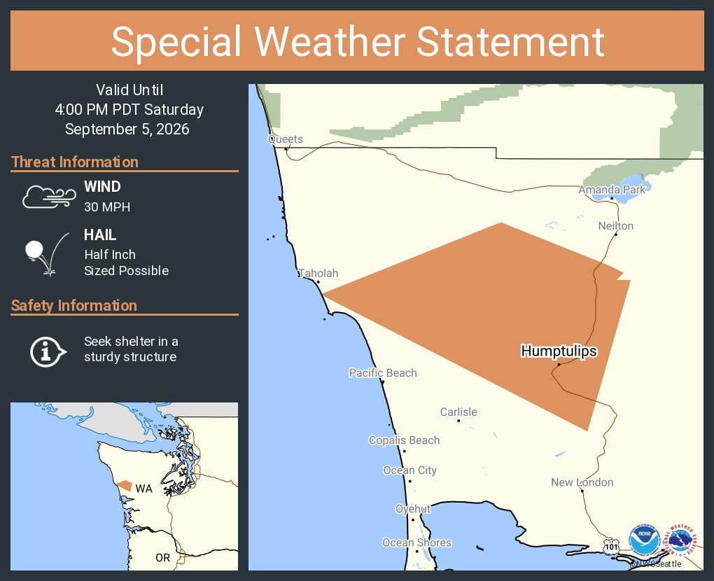 This graphic displays a special weather statement plotted on a map. The statement is in effect until 4:00 PM PDT. The statement includes Humptulips WA. The threats associated with this storm are wind gusts up to 30 MPH and half inch sized hail. Seek shelter in a sturdy structure until the storm passes.