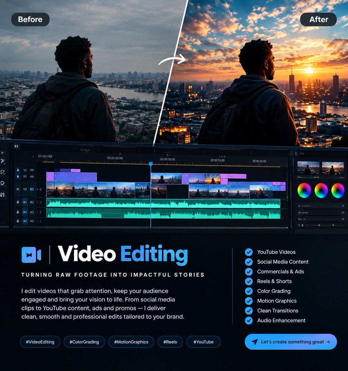 EmmanuelOl53's tweet photo. Video Editing | Before → After 🎬

Raw footage is only the starting point.

For this project, I transformed the footage with:

🎬 Clean cuts &amp; storytelling
🎨 Cinematic color grading
✨ Smooth transitions
🌀 Motion graphics
🔊 Audio enhancement
📱 Social-media optimization. https://t.co/89mLhfNo3v