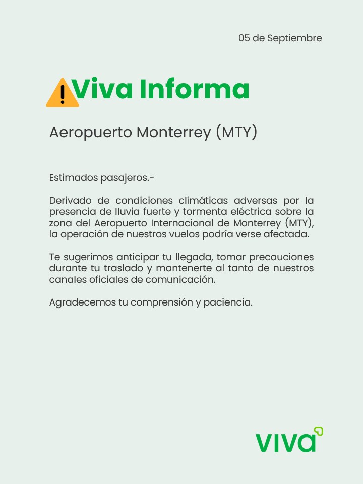 VivaTeEscucha's tweet photo. #VivaInforma #AvisoImportante #Aeropuerto #MTY ⚠️⛈️
Entérate del estatus de tu vuelo aquí: https://t.co/XYD0VXN859
Consulta información relacionada desde el siguiente enlace: https://t.co/QdDkhD8FbJ https://t.co/hdhXuuXb76
