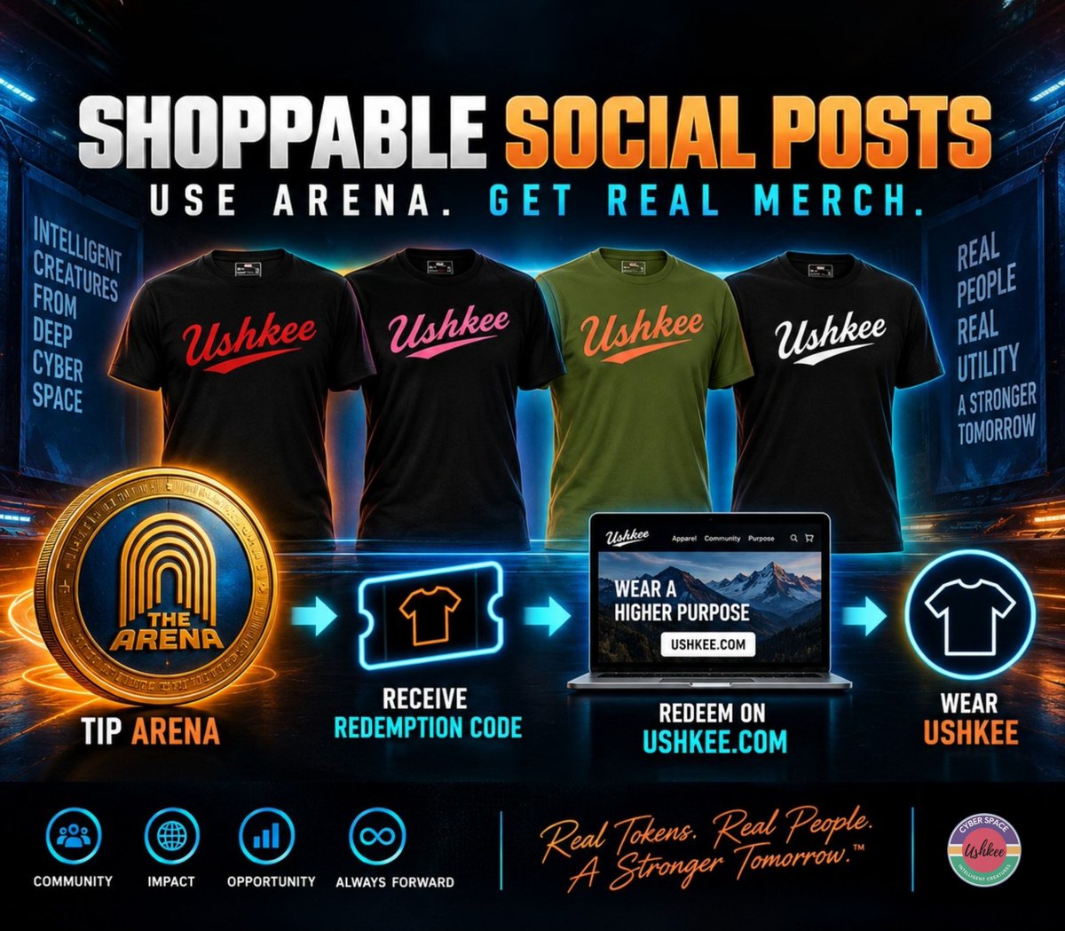 Ushkee's tweet photo. 👕🪙 We're bringing another real-world use case to @TheArenaApp 

Ushkee is testing Shoppable Social Posts — allowing our community to use ARENA tokens to get real Ushkee merchandise.

Our first test will be simple: 👇👇👇 https://t.co/3ViLj8PJ4W