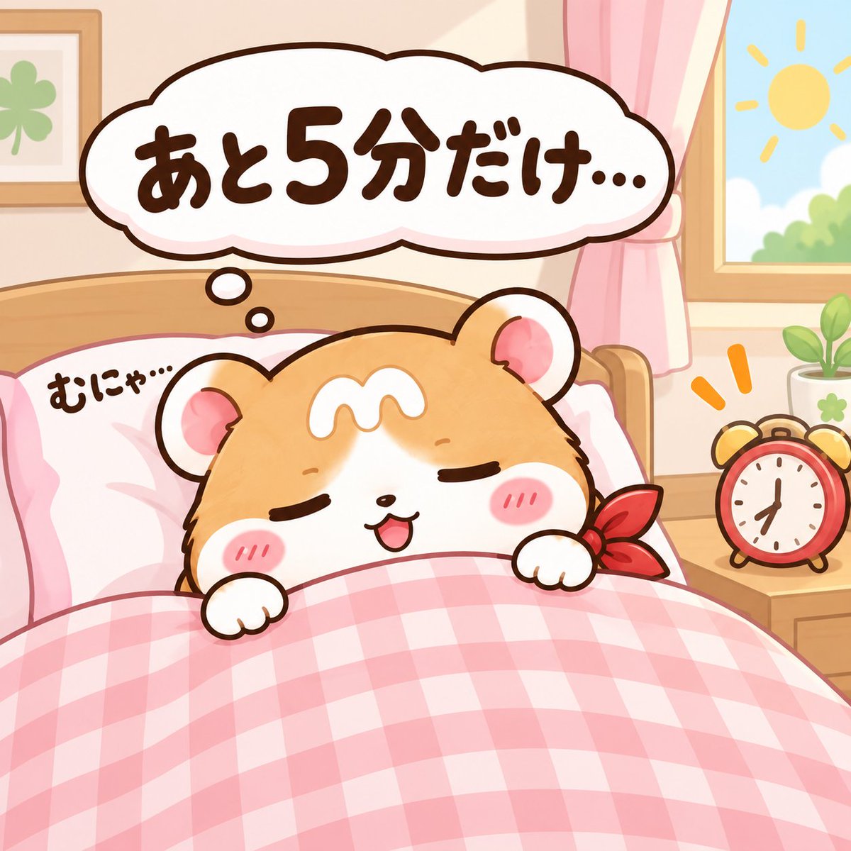 Mocchi_Studio's tweet photo. おはようございます☀️
「あと5分だけ…」 朝のもっちは、まだおふとんと仲良しです🐹💤
みなさんは、すぐ起きられる派ですか？☺️
#もっち #ハムスター #イラスト https://t.co/CybywKtqQl