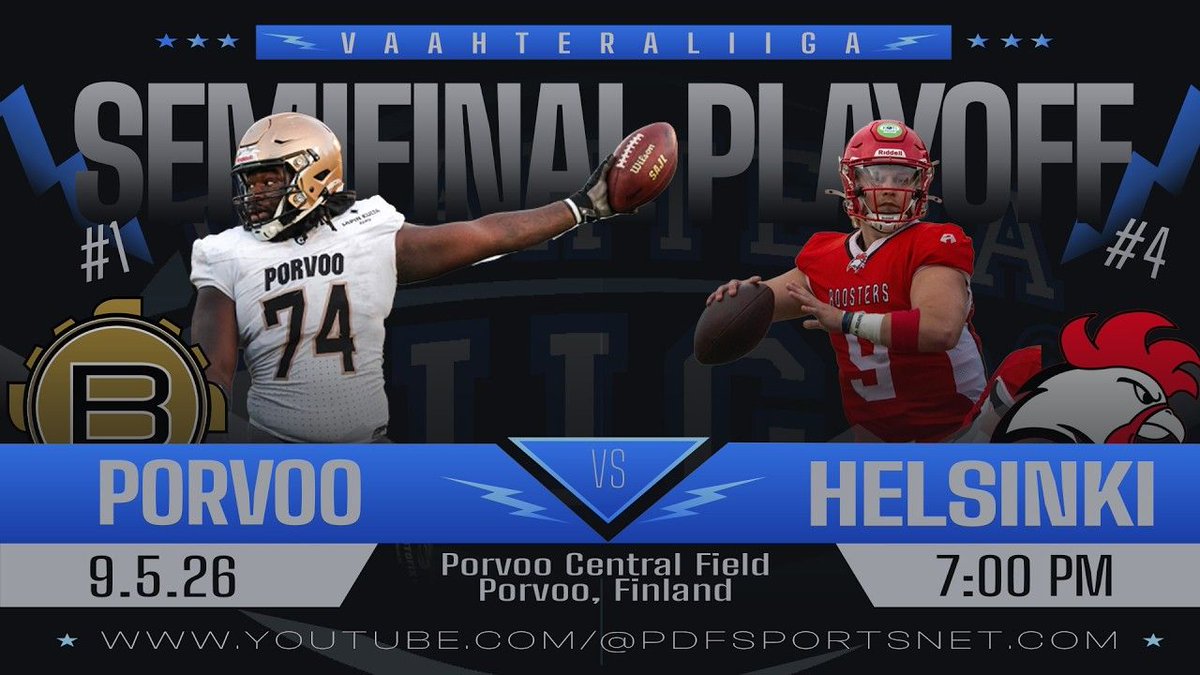 PDFSportsNet's tweet photo. 🏈 LIVE NOW! 🏆️ 
#1 seed and defending-champs Porvoo Butchers host #4 Helsinki Roosters in our second semifinal, live now on PDF with pregame leading to 7pm kickoff. Maple Bowl XLVII is on the line in the battle between the last two champions. Jump in: https://t.co/bFujad9Xnu https://t.co/eOr0Vr64ab