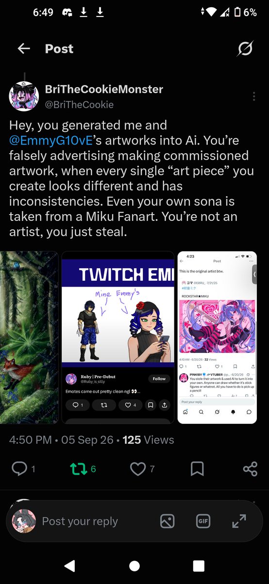 EmmyG10vE's tweet photo. ⚠️ ART THEFT/AI USE ⚠️
This person @Ruby_is_silly has stolen art and used Ai to change/alter people's art to claim that it is hers and is making profit from it such az commission's. please report and spread the word of this person
#ArtTheft #StolenArt #ArtTheftAlert https://t.co/XTwUVqHmTm