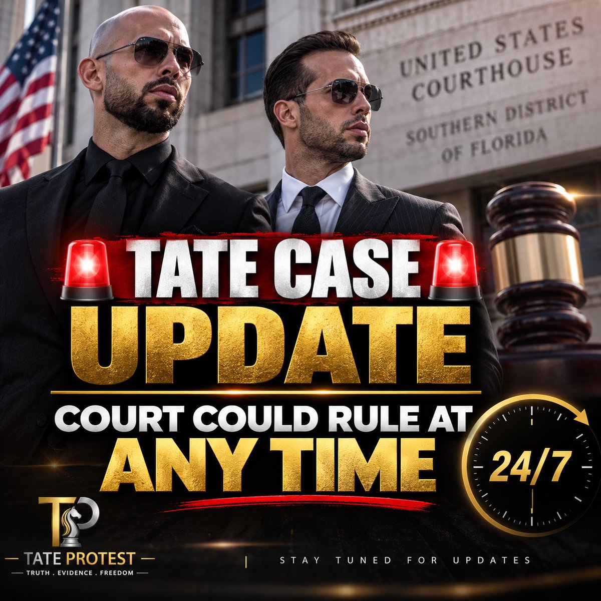 tateprotest's tweet photo. 🚨 TATE CASE UPDATE 🚨

The court could rule at ANY TIME in the Tate brothers’ case.

A decision does not necessarily have to come during normal business hours or even on a weekday. The court can enter an order electronically, meaning the ruling could potentially drop at any moment.

We are closely watching the docket for any developments.

Stay tuned to @TateProtest for updates as soon as they happen.

#FreeTheTates #TateBrothers