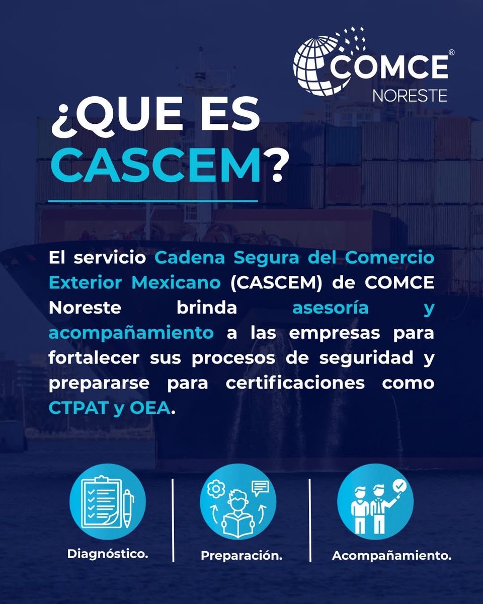 anfranzal's tweet photo. 🛡️ Una cadena de suministro segura también fortalece la competitividad de tu empresa.

A través de CASCEM, COMCE Noreste brinda asesoría y acompañamiento para fortalecer los procesos de seguridad de las empresas y apoyarlas en su preparación para certificaciones como CTPAT y OEA. https://t.co/lep1CKX76F