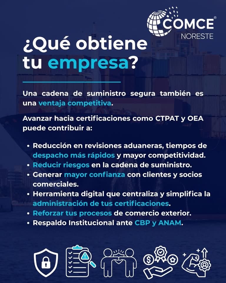 anfranzal's tweet photo. 🛡️ Una cadena de suministro segura también fortalece la competitividad de tu empresa.

A través de CASCEM, COMCE Noreste brinda asesoría y acompañamiento para fortalecer los procesos de seguridad de las empresas y apoyarlas en su preparación para certificaciones como CTPAT y OEA. https://t.co/lep1CKX76F