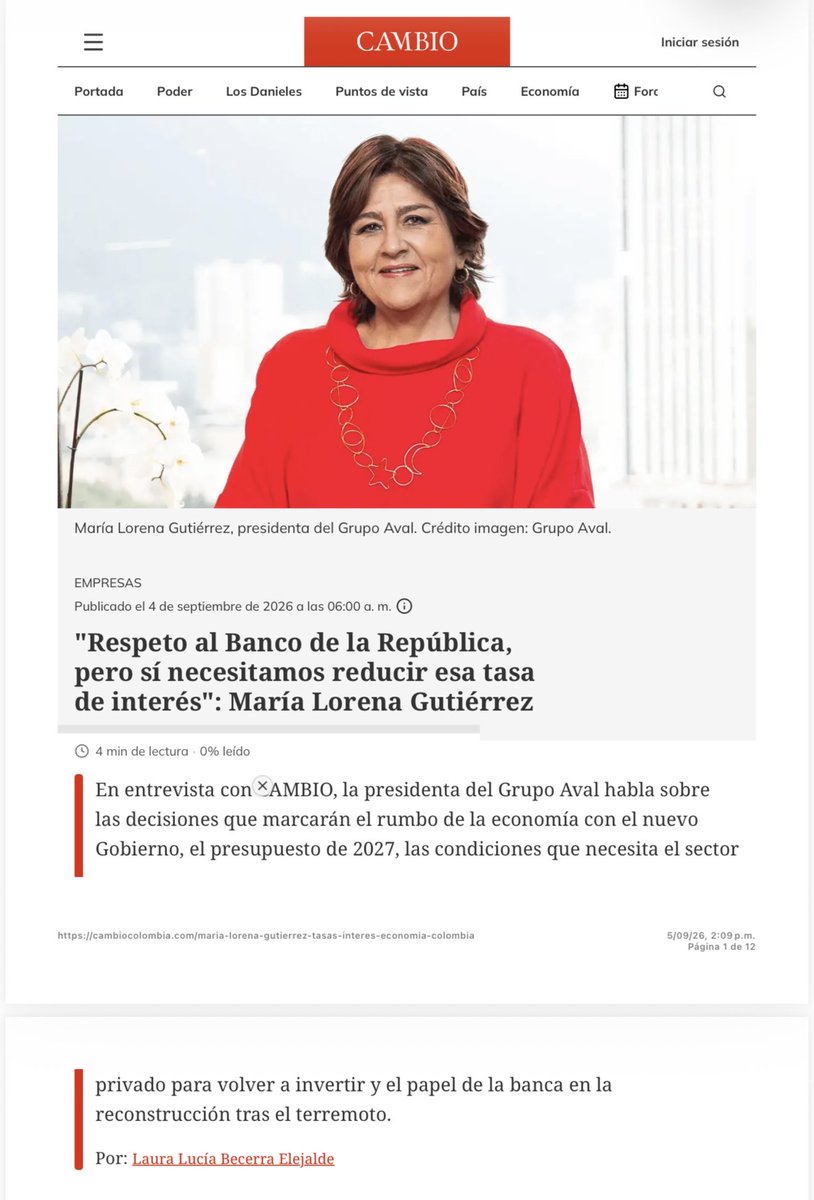 alejoocampog's tweet photo. #Atención I La presidenta del Grupo Aval ahora SÍ pide bajar las tasas de interés, pero al tiempo justifica un presupuesto que eleva el déficit al 9,4 % y dispara el servicio de la deuda hasta $155,4 billones. Lo cual resulta incoherente porque no lo hizo durante el gobierno anterior? .

Mientras el país asume más deuda y paga más intereses, la banca nacional e internacional participa de lleno en el negocio de financiar al Estado.

Durante el gobierno Petro fueron implacables en sus críticas. Hoy, en cambio, normalizan un endeudamiento desproporcionado que encarece el crédito público, amenaza la estabilidad económica y remunera generosamente a sus financiadores.

¿La banca juzga a todos los gobiernos con el mismo criterio o se alinea cuando los negocios favorecen a sus grandes capitales?