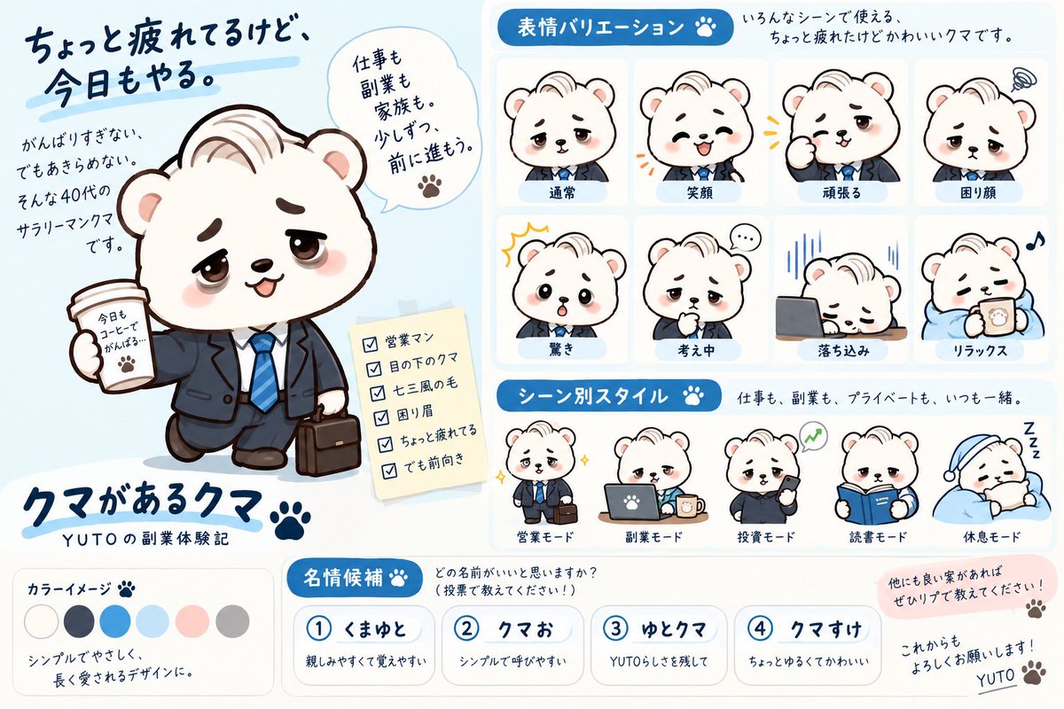 SmartLife_note's tweet photo. 「目にクマがあるクマ」🐻‍❄️
ちょっと可愛くしてみました。

七三、困り眉、目のクマはそのまま（笑）

せっかくなので名前も考え中。

①くまゆと
②クマお
③ゆとクマ
④クマすけ

どれがいいですか？
他にもあればぜひ！

#キャラクター https://t.co/5ApaH49W7y