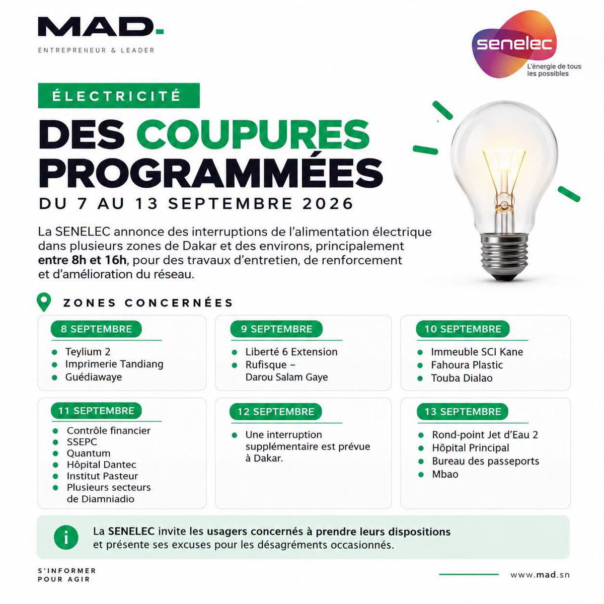 Noo_IDcard's tweet photo. ⚡️ ÉLECTRICITÉ : DES COUPURES PROGRAMMÉES DU 7 AU 13 SEPTEMBRE

La SENELEC annonce des perturbations de l’alimentation électrique dans plusieurs zones de Dakar et des environs, du lundi 7 au dimanche 13 septembre 2026, principalement entre 8h et 16h.

Ces interruptions sont liées à des travaux d’entretien, de renforcement et d’amélioration du réseau. 

📍 Parmi les zones concernées :
• 8 septembre : Teylium 2, Imprimerie Tandiang, Guédiawaye

• 9 septembre : Liberté 6 Extension, Rufisque – Darou Salam Gaye

• 10 septembre : Immeuble SCI Kane, Fahoura Plastic, Touba Dialao

• 11 septembre : Contrôle financier, SSEPC, Quantum, Hôpital Dantec, Institut Pasteur, plusieurs secteurs de Diamniadio

• 12 septembre : une interruption supplémentaire est prévue à Dakar

• 13 septembre : Rond-point Jet d’Eau 2, Hôpital Principal, Bureau des passeports, ainsi que Mbao.

👉 La SENELEC invite les usagers concernés à prendre leurs dispositions pendant les périodes d’intervention et présente ses excuses pour les désagréments occasionnés. 

📌 Partagez l’information avec les personnes de votre quartier.