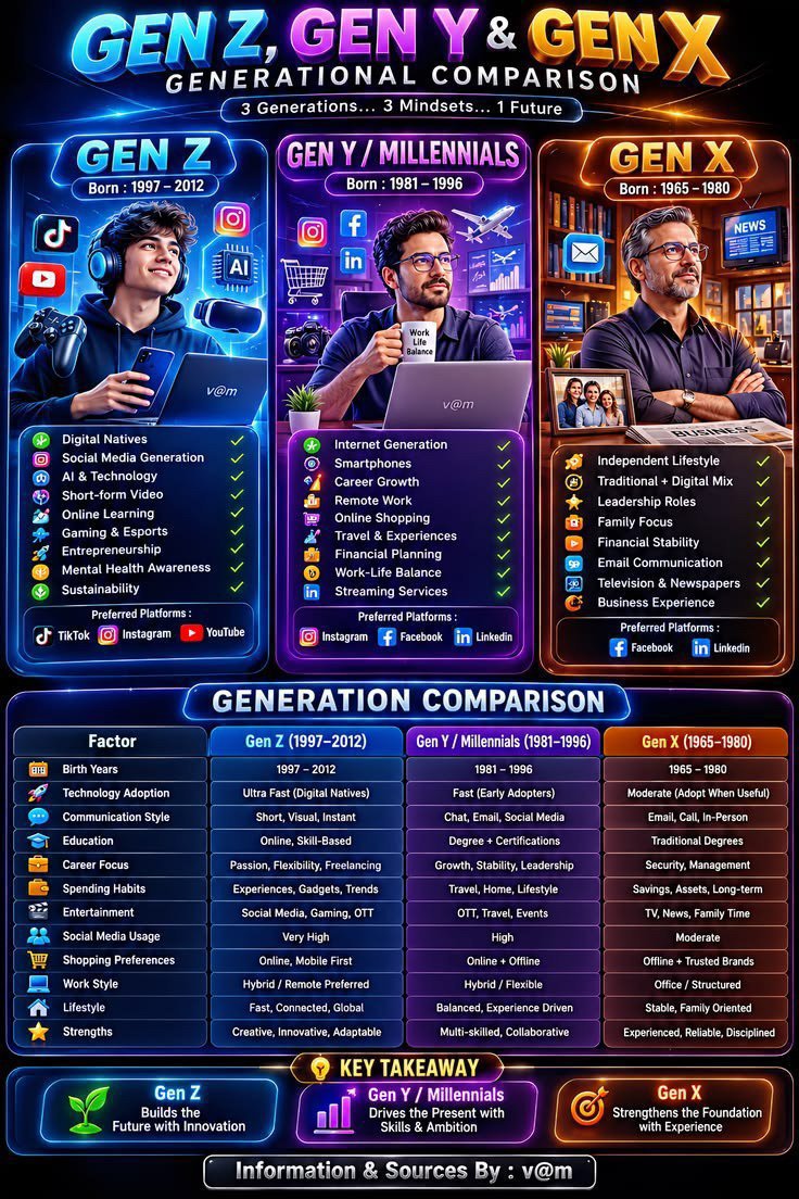 Jerin_AI's tweet photo. Gen Z vs Millennials vs Gen X — 3 Generations, 3 Mindsets. Which One Are You? 🔥 https://t.co/1RN4hoRENS