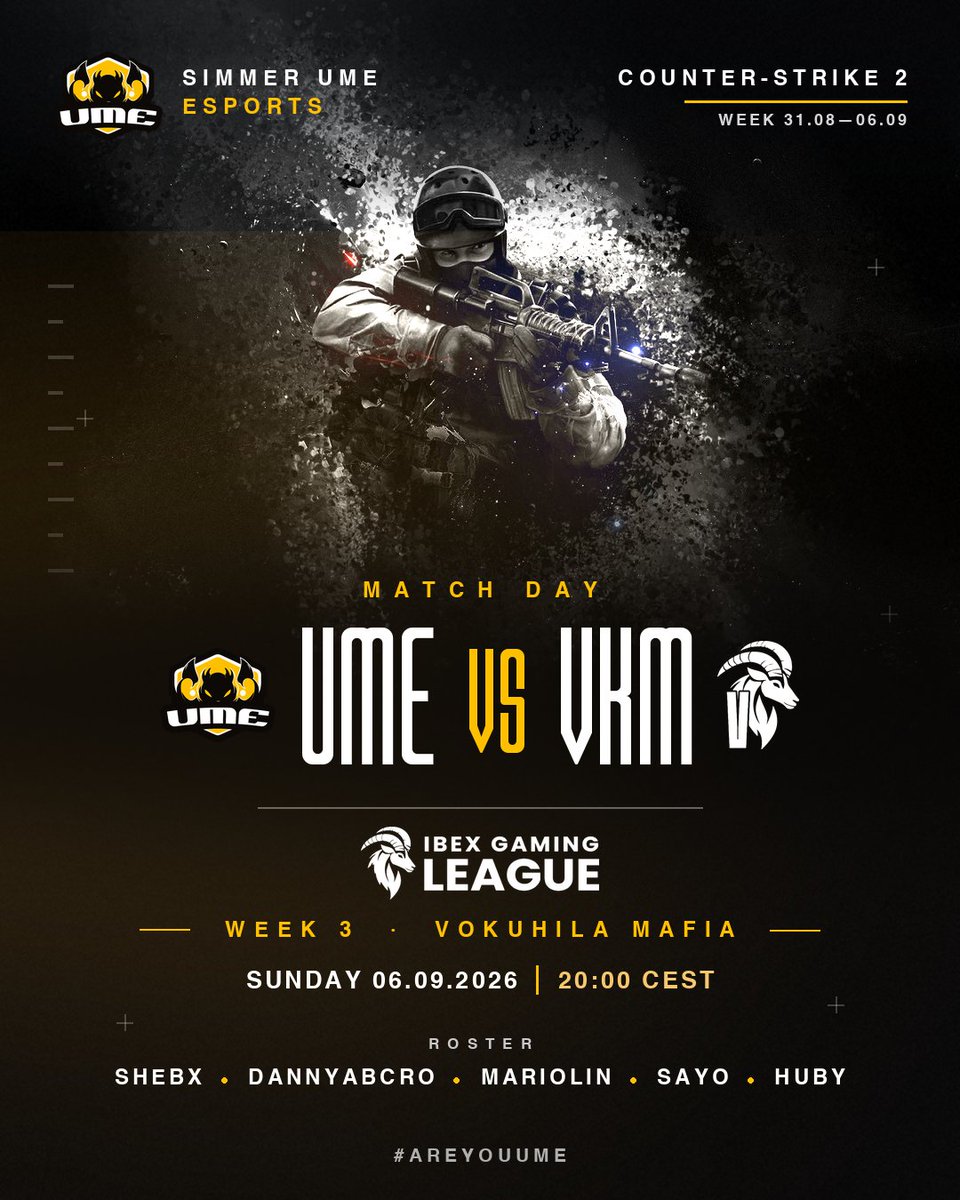 SimmerUME's tweet photo. 🔴 Week 3 vs Vokuhila Mafia

Fresh week, fresh crosshair settings, same five guys. Should be fine 

No stream, so you'll just have to imagine the clutches 🙏🐝

#AreYouUME https://t.co/93tRGWIlc0