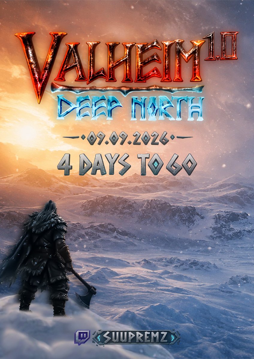 Suupremz's tweet photo. ❄️ 4 DAYS UNTIL THE DEEP NORTH

The wait is almost over.

🔥 VALHEIM 1.0 — DEEP NORTH
📅 September 9, 2026
🔴 LIVE ON TWITCH with @Suupremz
https://t.co/jFbxwyHEKf

Get ready to venture into the unknown. ❄️

#Valheim #DeepNorth #Valheim1 #Twitch #Suupremz https://t.co/vpG03oqCFs