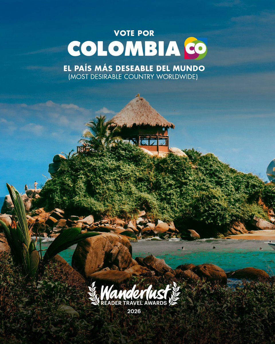 PROCOLOMBIACO's tweet photo. Colombia ha sido nominada como “El País más Deseable del Mundo”
(Most Desirable Country Worldwide) en los Wanderlust Reader Travel Awards 2026. 🇨🇴

Cada voto ayuda a dar a conocer la belleza, la cultura y las experiencias que hacen de Colombia un destino inolvidable.

Vote por Colombia en el link: https://t.co/777miAYLwC]