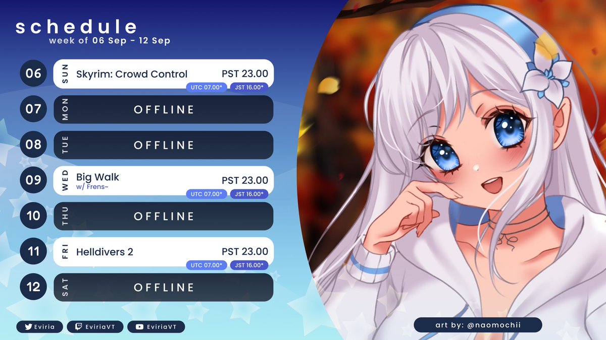 Eviria's tweet photo. This upcoming week's current schedule! :D https://t.co/WhERY0eqBJ