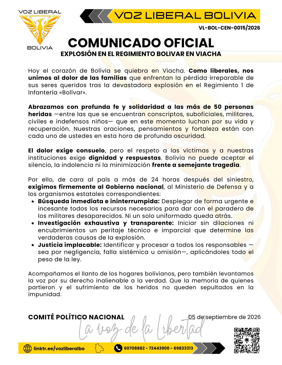 VozLiberalBo's tweet photo. COMUNICADO SOBRE LA EXPLOSION EN VIACHA

Nos unimos al dolor por la tragedia en Viacha. Nuestras oraciones están con los heridos y las familias de los fallecidos. Exigimos al Gobierno la búsqueda de los desaparecidos, investigación transparente y justicia

#VozLiberal #Bolivia https://t.co/u1XXg3nMTS