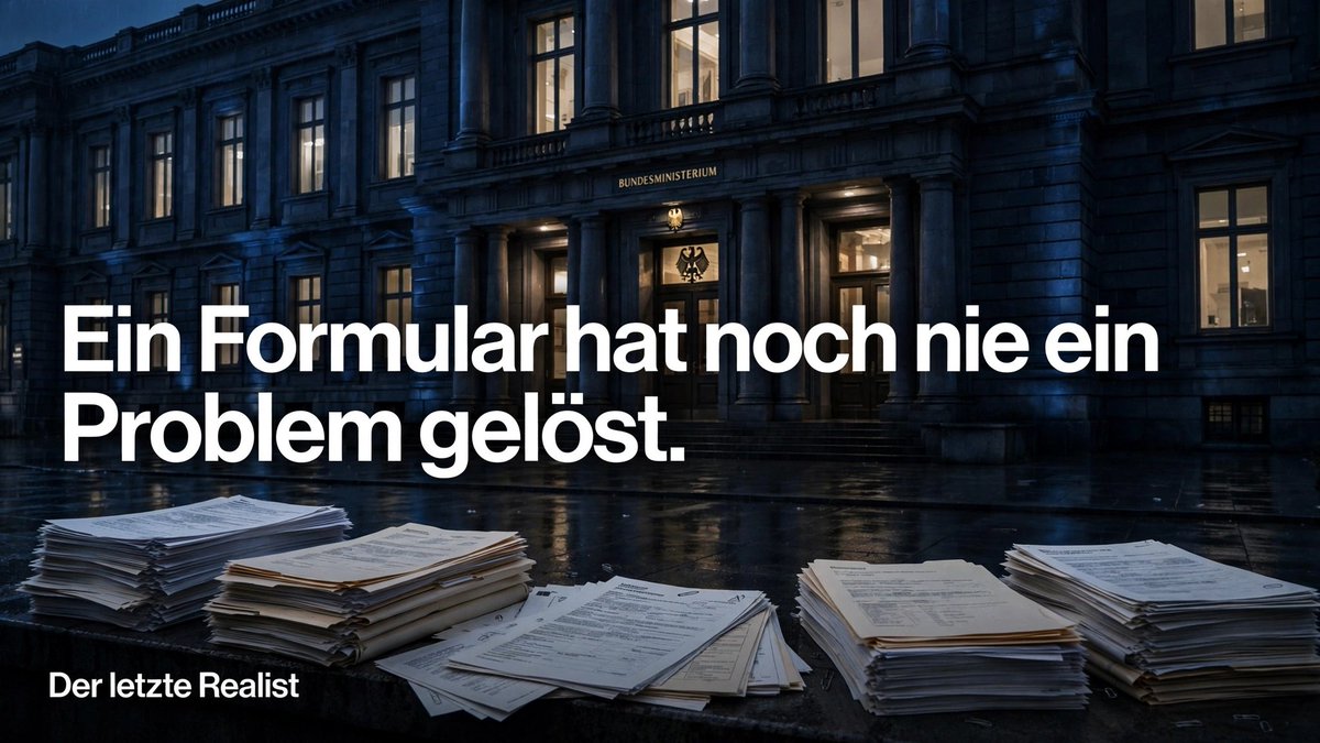 letzteRealist's tweet photo. Ein Formular hat noch nie ein Problem gelöst.

Wir verwalten uns zu Tode, statt zu gestalten.

Weniger Berichte. Mehr Verantwortung. Mehr Mut zur Entscheidung.

Das Land braucht Macher, nicht Verwalter.

#Verwaltung #Führung https://t.co/dUMeUjRDFe