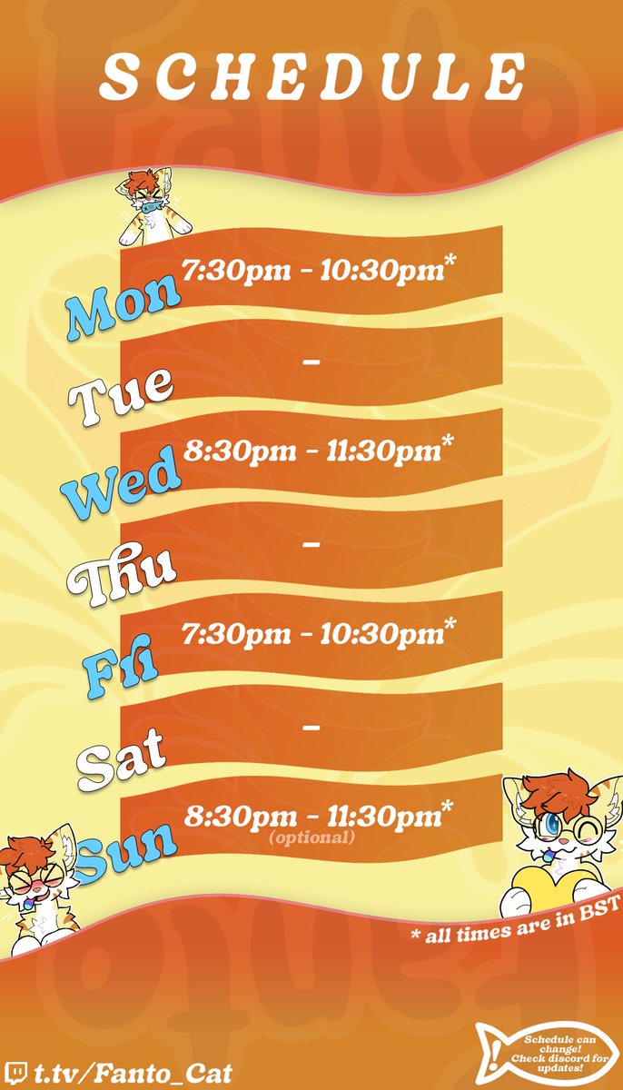 Fanto_Cat's tweet photo. Stream schedule!💛 https://t.co/EXwRlSM85L