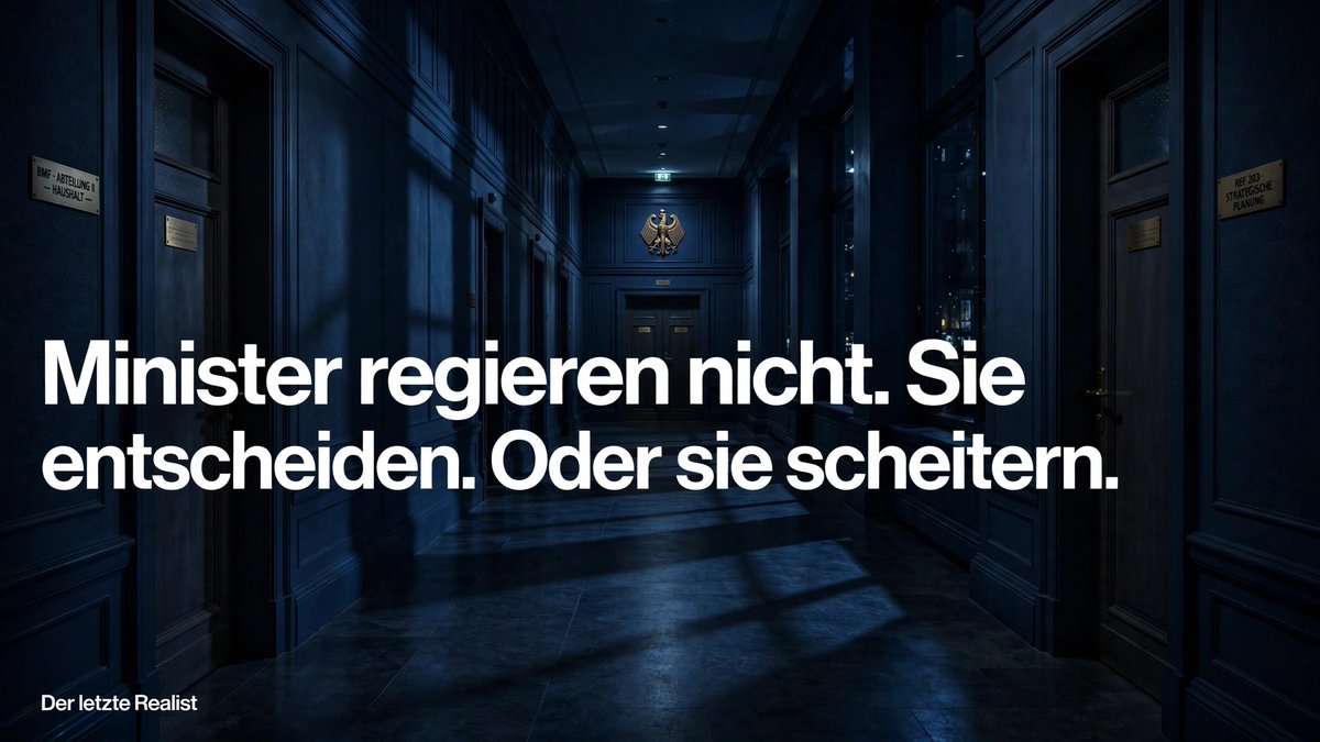 letzteRealist's tweet photo. Minister regieren nicht. Sie entscheiden. Oder sie scheitern.

Es gibt keinen Preis für die beste Absicht. Nur für das Ergebnis.

Geschichte fragt nicht, was du wolltest. Sondern was du getan hast.

#Führung #Entscheidung #Realität https://t.co/gWCuK1nP66