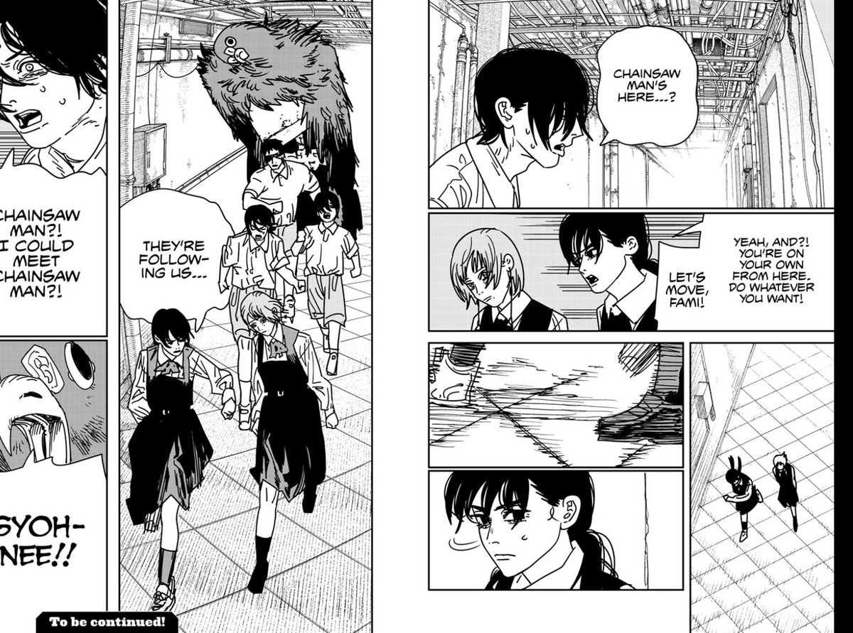 MrDylath's tweet photo. I know it’s pretty much Fujimoto’s trademark, but all the “comedy” feels a little out of place after how heavy hitting everything was just a few chapters ago https://t.co/fEMREd1Qeo