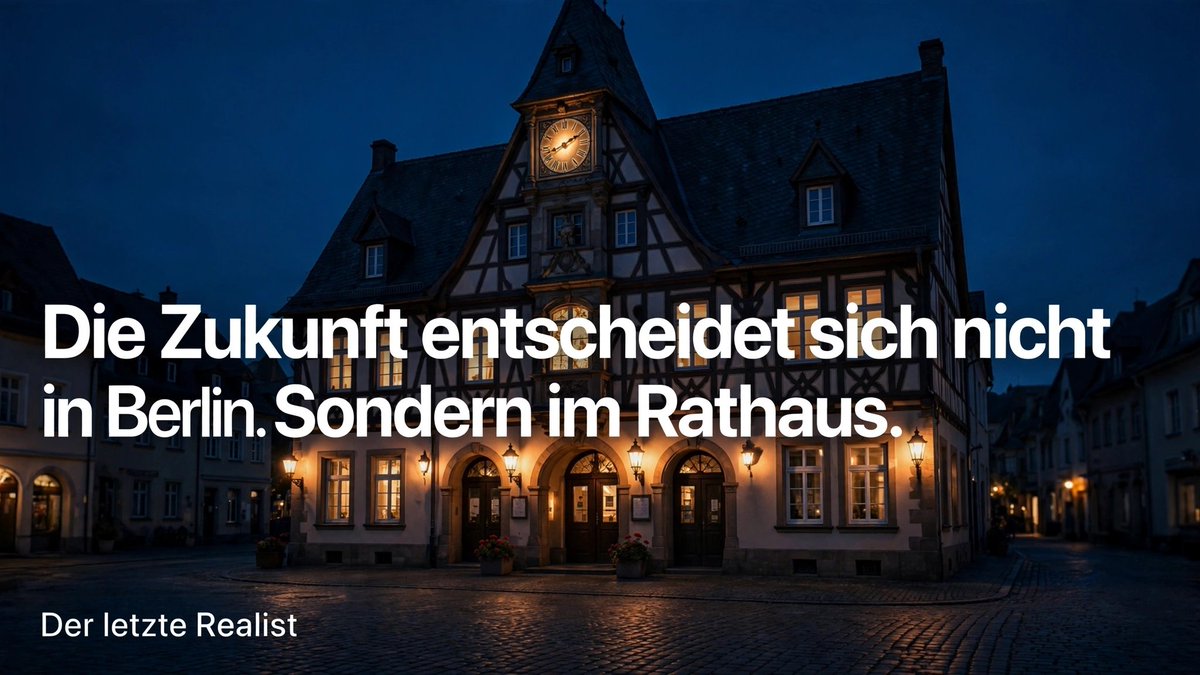 letzteRealist's tweet photo. Die Zukunft entscheidet sich nicht in Berlin. Sondern im Rathaus.

Dort wo entschieden wird, ob eine Straße gebaut wird oder 3 Jahre diskutiert wird.

Bürgermeister sind die letzten Macher in diesem Land.

Respekt dafür. Macht weiter.

#Kommunal #Führung #Realität https://t.co/hZqsh9XnOZ