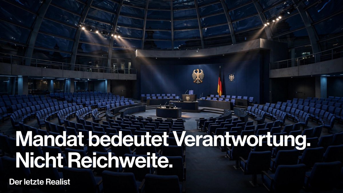 letzteRealist's tweet photo. Mandat bedeutet Verantwortung. Nicht Reichweite.

Weniger Talkshows. Mehr Entscheidungen, die 2030 noch tragen.

Das Land braucht keine Influencer im Bundestag. Es braucht Macher.

#Bundestag #Verantwortung https://t.co/fBELgGHPcM