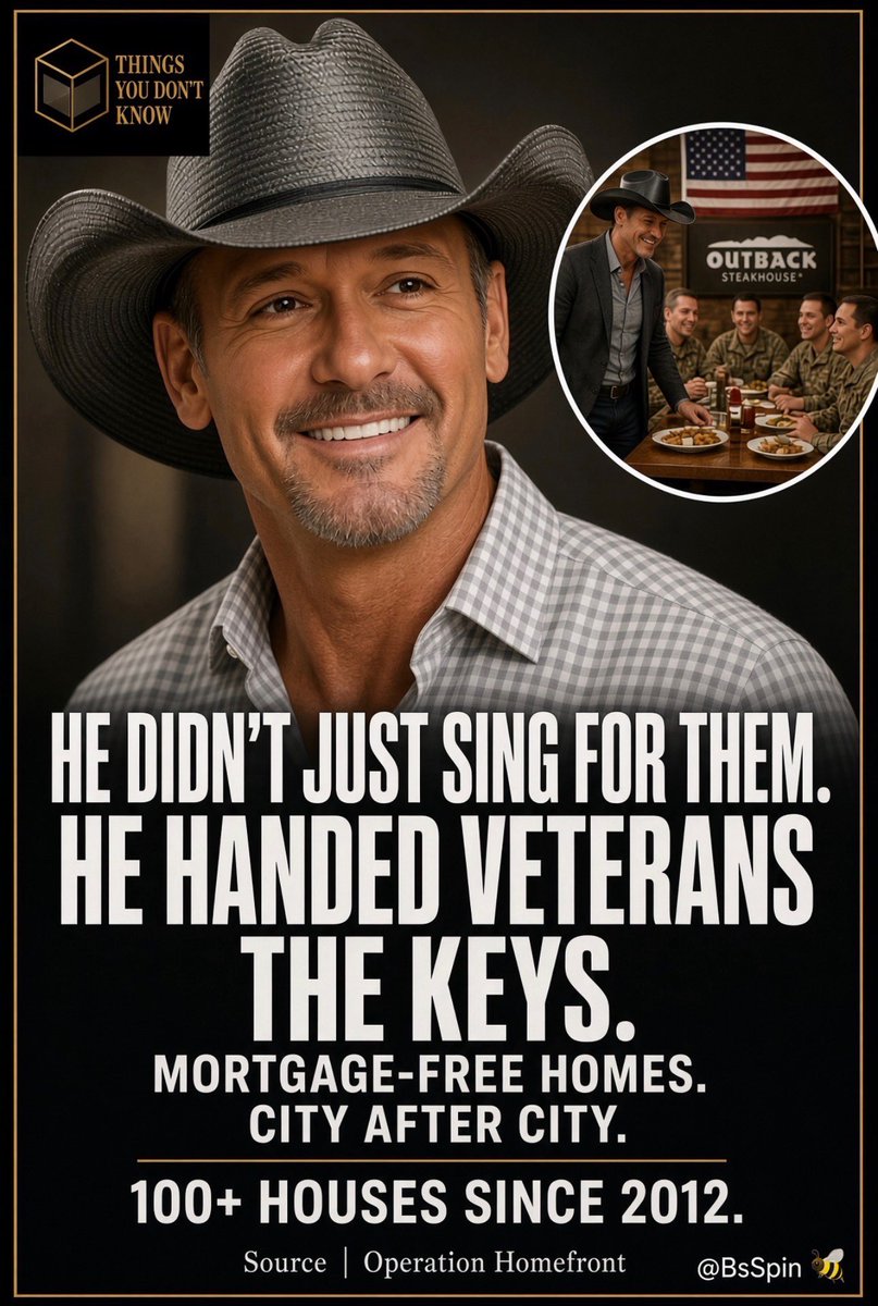BsSpin's tweet photo. 🇺🇸 TIM McGRAW DIDN’T JUST SAY “THANK YOU FOR YOUR SERVICE.”

HE HANDED VETERANS THE KEYS TO THEIR OWN HOMES … Mortgage-free.

For years, Tim McGraw partnered with Operation Homefront and Chase to help award mortgage-free homes to veterans and military families, often surprising a deserving family while he was on tour.

There are plenty of ways celebrities can use their fame and fortune.

🔥This might be one of the best.

Supporting our veterans shouldn’t just be something we say.

Sometimes it looks like a set of keys. 🇺🇸