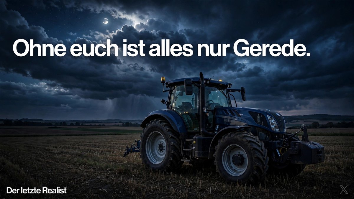 letzteRealist's tweet photo. Ohne euch ist alles nur Gerede.

Kein Supermarkt. Kein Brötchen. Kein Abendessen.

Wer euch mit Vorschriften erstickt, hat vergessen woher Essen kommt.

Respekt für alle die um 5 Uhr draußen sind während andere über Klima twittert.

#Landwirtschaft #Respekt #Realität https://t.co/nQFGlBuH1b