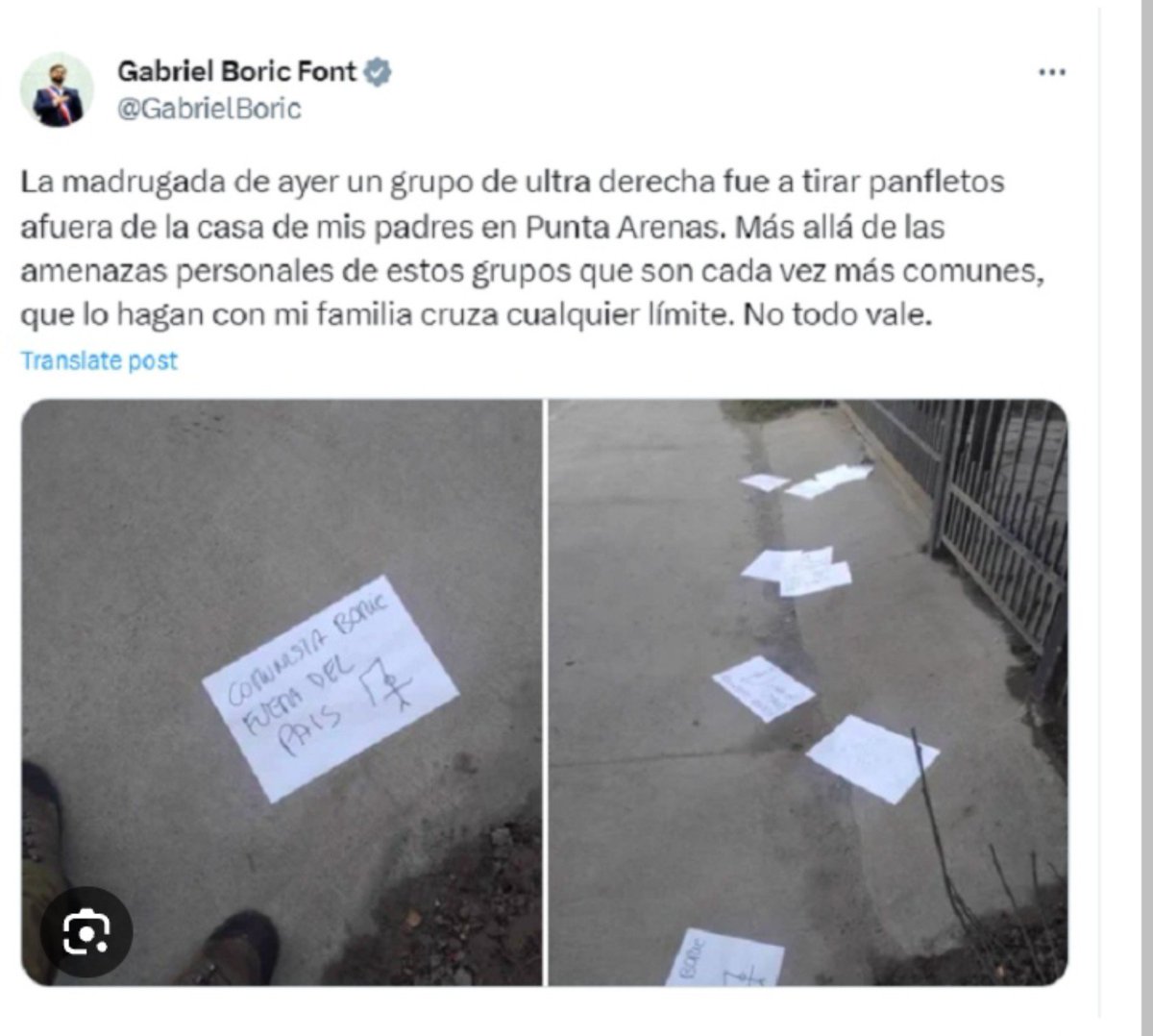 Academica2021's tweet photo. Cuándo las amenazas eran para Boric, la derecha le bajaba el perfil https://t.co/Cu02WfmSfa
