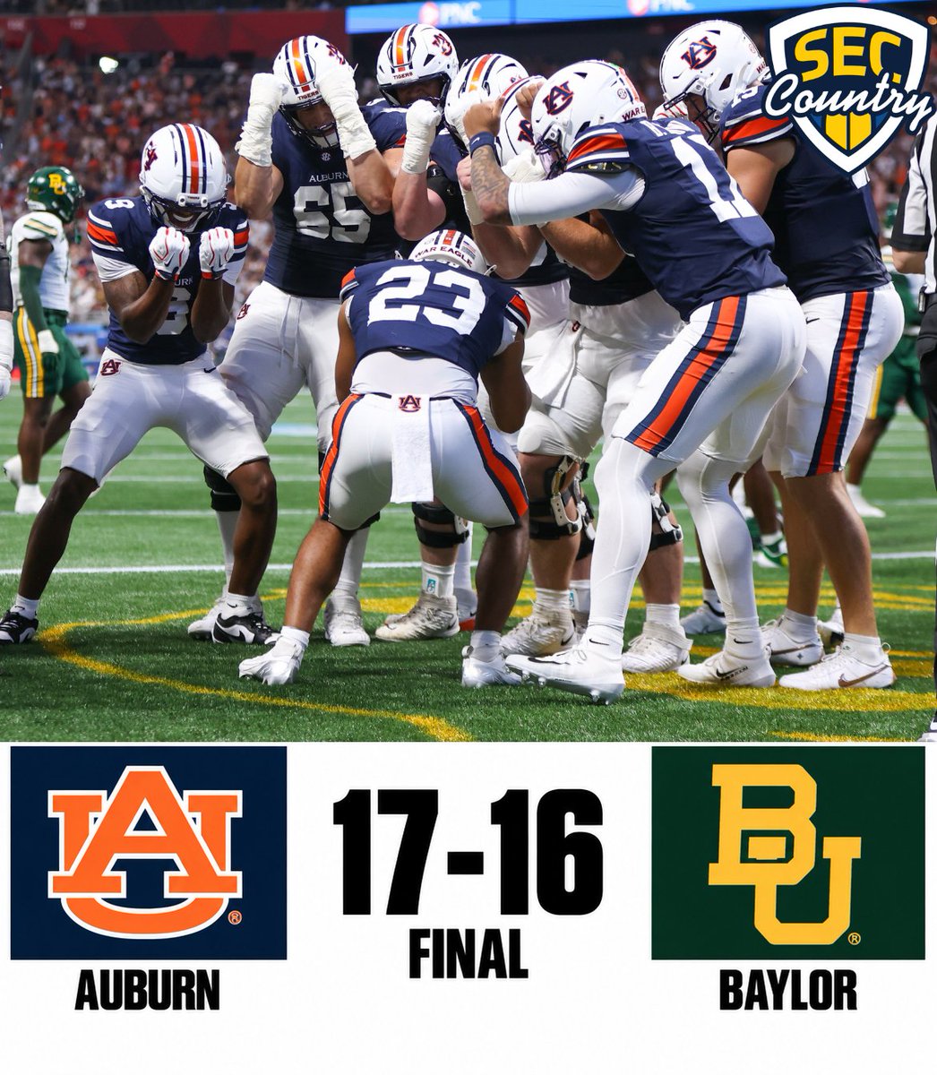 SECcountry's tweet photo. AUBURN SURVIVES A THRILLER IN ATLANTA 🔥🦅

The Tigers escape with a 17-16 win over Baylor after the Bears failed to convert a 2-point conversion with 9 seconds remaining https://t.co/gWhdnUFGLm