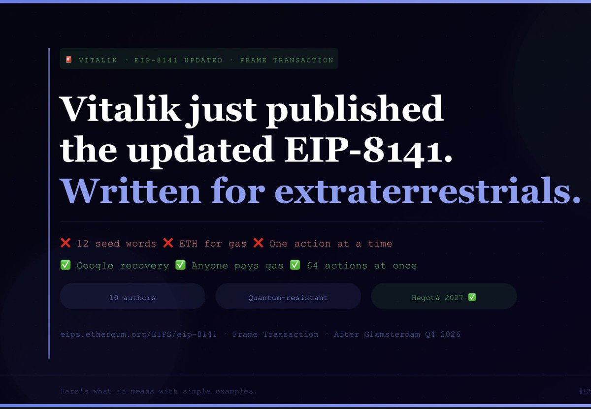 septiembre_eth's tweet photo. 🧵 Vitalik just published the updated version of EIP-8141.

It’s written for extraterrestrials.

Here’s what it actually means with simple examples so anyone can understand it. A thread:

(1/7) https://t.co/oSStH4k2jK