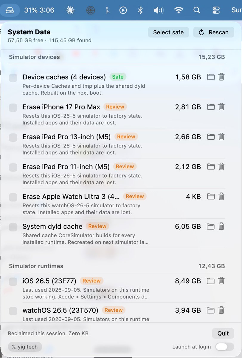 yigitech's tweet photo. MacOS "System Data" 70 GB gösteriyor ve Apple içinde ne olduğunu söylemiyor.

Menü çubuğunda duran, her kalemi boyutuyla gösteren ve sadece tıkladığını silen küçük bir uygulama yazdım. Açık kaynak, ücretsiz. https://t.co/gF1DpJtg8j