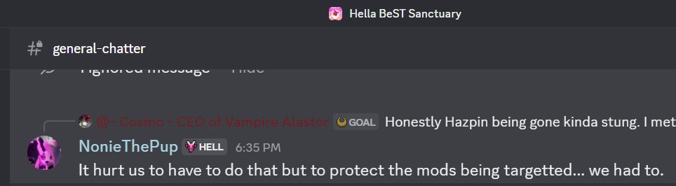 burninglight654's tweet photo. Well. The server is no more. This account is not being removed. Two mods are in hella beST sanctuary. A server that is being used a hub for ex Hazpin Hotel members to redo everything that was wipe- https://t.co/HkDVSTxorJ