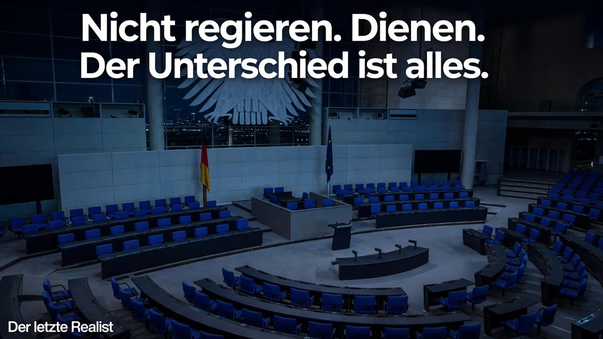 letzteRealist's tweet photo. Nicht regieren. Dienen. Der Unterschied ist alles.

Ein Ministerpräsident verwaltet kein Bundesland. Er trägt Verantwortung für Millionen Lebensläufe.

Weniger Pressetermin, mehr Werkstor. Weniger Erklärung, mehr Ergebnis.

Das Volk spürt, ob du für sie arbeitest.

#Führung https://t.co/YbBvLXZzA9