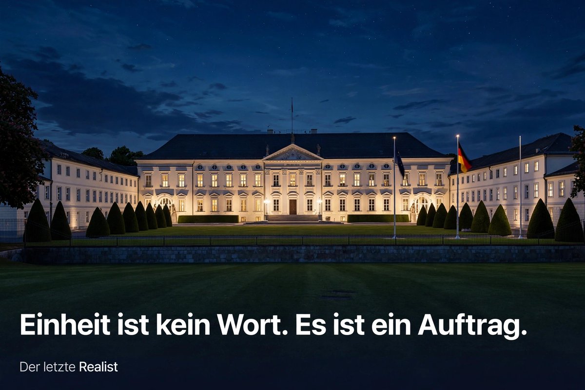 letzteRealist's tweet photo. Einheit ist kein Wort. Es ist ein Auftrag.

Ein Präsident spricht nicht für eine Partei. Er spricht für alle.

Er erinnert uns daran, wer wir sind, wenn wir vergessen haben, was uns verbindet.

In gespaltenen Zeiten ist Zusammenhalt keine Floskel. Es ist Überlebensaufgabe. https://t.co/NQwTJEgK9d