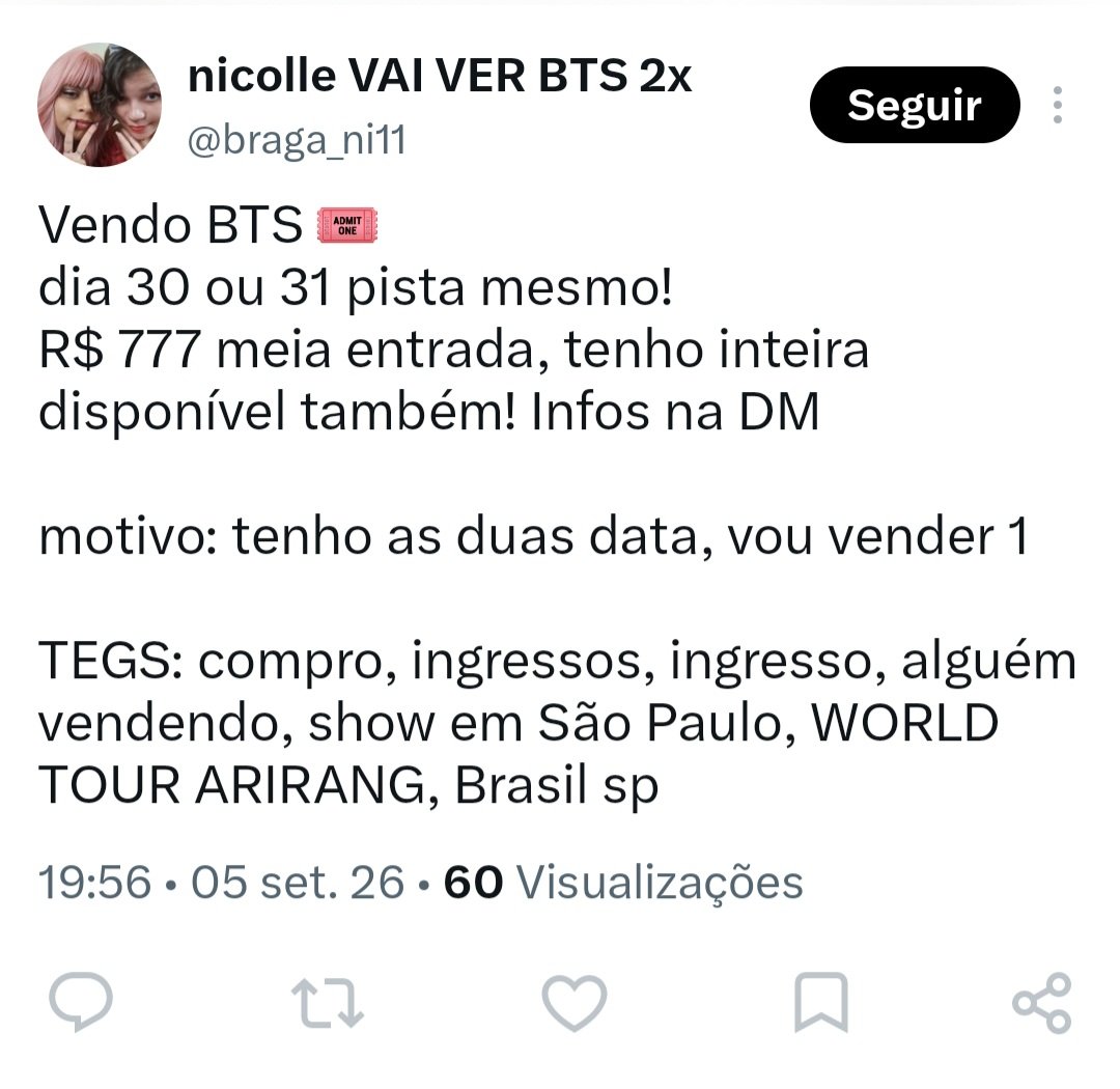 _LaisTiene's tweet photo. 🚨🚨🚨  GOLPISTA DE INGRESSOS DO SHOW DO BTS ARIRANG  🚨🚨🚨

Quem quiser pode me chamar da adm que explico tudo que aconteceu comigo

TOMEM CUIDADO E DENUNCIEM

Compra venda ingresso bts tour 
#BTS_ARIRANG https://t.co/1U2m36lljv