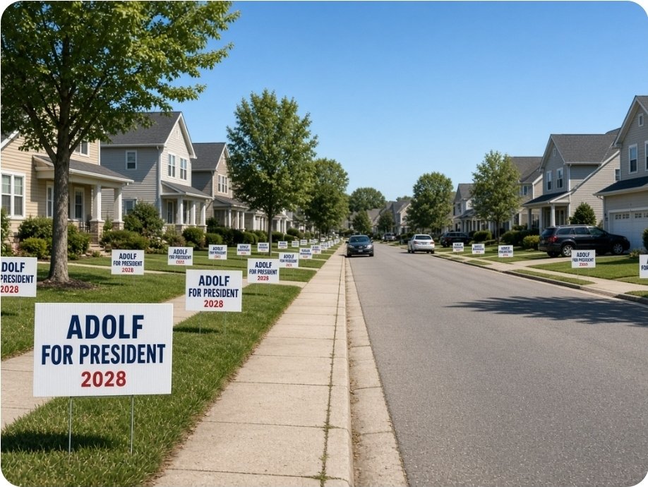 TheWhiteNewsNet's tweet photo. The last yard sign give-a-way was a big success. What do you think @Adolf_Holocosta? https://t.co/vPP0mpuZSo