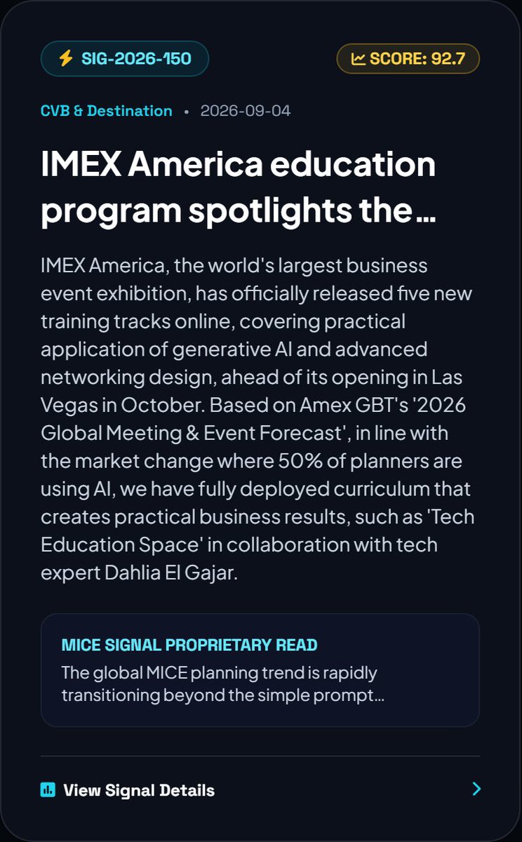MICESIGNALS's tweet photo. ⚡ MICE SIGNAL Executive Briefing | #150 (Score: 92.7/100)

�� IMEX America education program spotlights the skills event professionals need now 】

📊 WHAT CHANGED (Hard Facts)
IMEX America, the world's largest business event exhibition, has officially released five new training tracks online, covering practical application of generative AI and advanced networking design, ahead of its opening in Las Vegas in October. Based on Amex GBT's '2026 Global Meeting & Event Forecast', in line with the market change where 50% of planners are using AI, we have fully deployed curriculum that creates practical business results, such as 'Tech Education Space' in collaboration with tech expert Dahlia El Gajar.

💡 OUR STRATEGIC READ
The global MICE planning trend is rapidly transitioning beyond the simple prompt experiment stage to real-time interactive learning and AI-based hyper-personalized business matching solutions. Cities and venues must break away from the traditional space rental model and demonstrate hybrid technology capabilities that can support cutting-edge event tech infrastructure and participant-immersive design to secure competitiveness in winning orders.

🎯 C-SUITE DECISION & SECTOR ACTIONS
• Decision: Completely redesign the standardized convention planning format and immediately incorporate AI-based customized session recommendations and data-based business networking infrastructure into standard proposals.
• CVBs & Cities: New items for introducing event tech and AI personalization solutions were established within the DMO-led MICE subsidy review criteria. 20% preferential subsidy matching when hosting smart technology convergence international conferences.
• Venues & Centers: Establishment of high-bandwidth Wi-Fi 7 and ultra-low latency two-way interactive networking system throughout the conference room. Launch of tech-based pop-up education space variable rental package.
• Organizers & PCOs: We eliminated the simple lecture-list session structure and introduced a 1:1 buyer matching solution based on participant behavior data. AI-utilized hyper-personalized agenda recommendation WBS standard proposal.

🔬 Full Intelligence Desk:
https://t.co/iOkFKcUm7s

#MICE #EventTech #Exhibitions