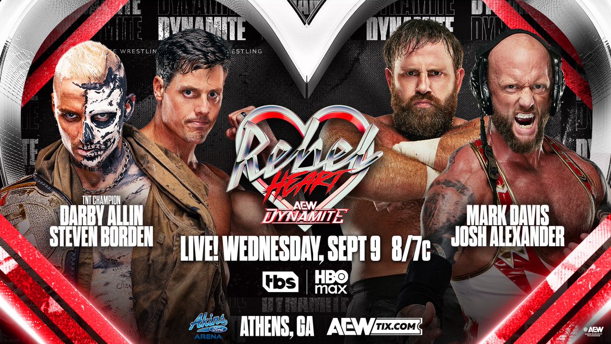 AEW's tweet photo. Rebel Heart #AEWDynamite - 8/7c TBS &amp; HBO Max, WED, 9/9
@DarbyAllin/@Stevenborden vs @DUNKZILLADavis/@Walking_Weapon
Borden tried to save Darby from @TheDonCallis Family, @Walking_Weapon returned to attack! Steven makes his AEW tv in-ring debut teaming with Darby THIS WEDNESDAY! https://t.co/FaddFg05i0