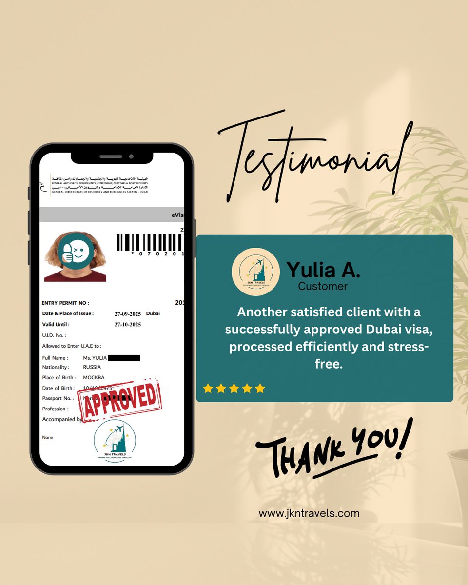 1112angie's tweet photo. Another Dubai visa approved through JKN Travels. We handle the entire process with clear guidance and professional support. Ready to apply? Send us a message today. https://t.co/gVNCP8GTfm