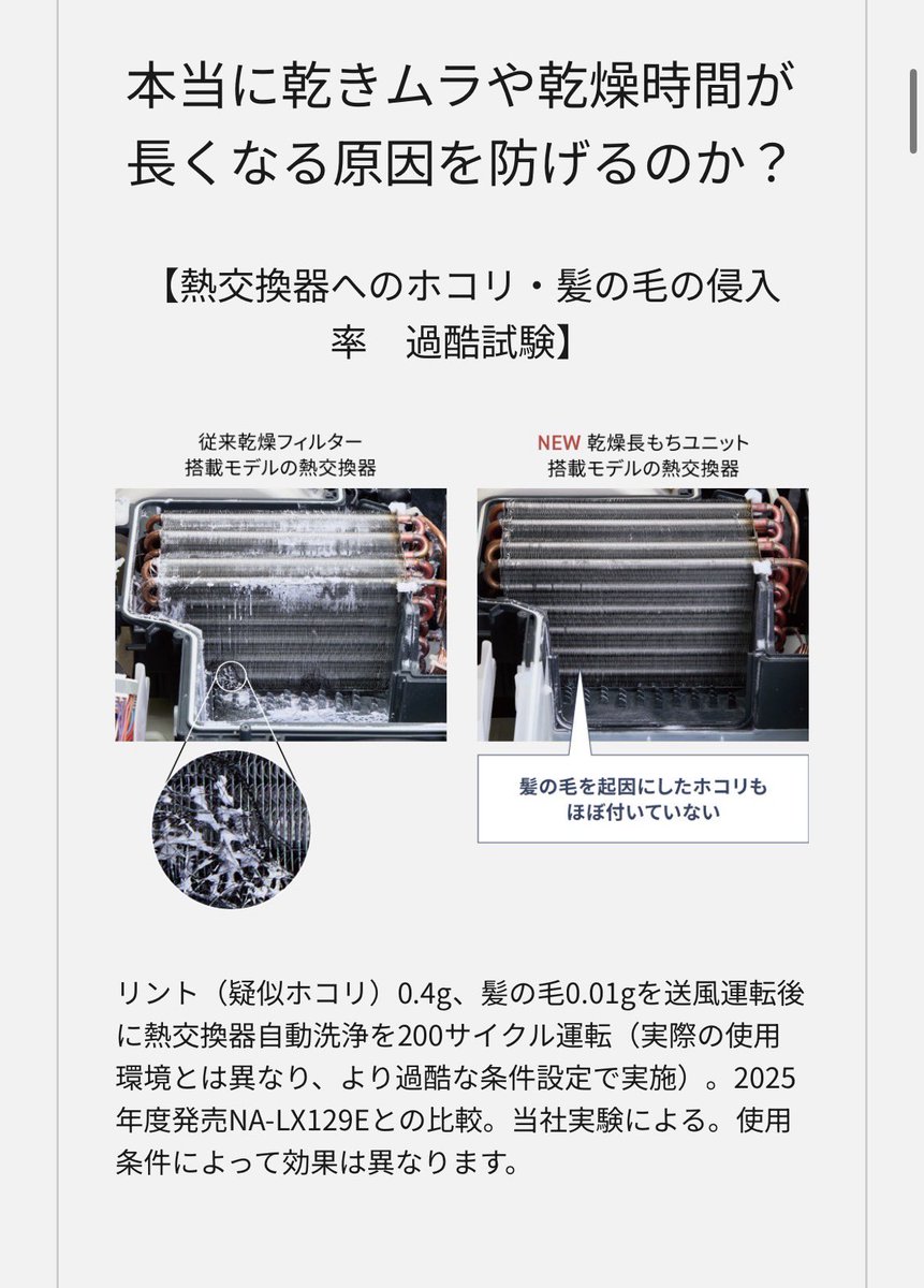 ieakamatome's tweet photo. パナソニックのドラム式洗濯機の
経年による乾燥力低下、お掃除大変問題が解決するかも？

2026年10月発売のNA-LX127/129F
サイクロン方式の「乾燥長もちユニット」が登場

https://t.co/NMWCBzNkw5

従来の製品は、乾燥時に髪の毛やホコリが熱交換器側に入り込むことで、長く使ううちに乾燥性能が落ちることが課題。

それをサイクロン方式で分離して、髪の毛やホコリを糸くずボックスに捕集。熱交換器への髪の毛の侵入を99.9％以上ブロック。

つまり、

「乾燥性能を落としにくくする」ための新機構。
しかも、お手入れも簡単。

ただし、発売直後はとても高いので
2027年6〜8月ごろに価格が25〜27万まで下がってきたら買い時です‼️

#ドラム式洗濯機