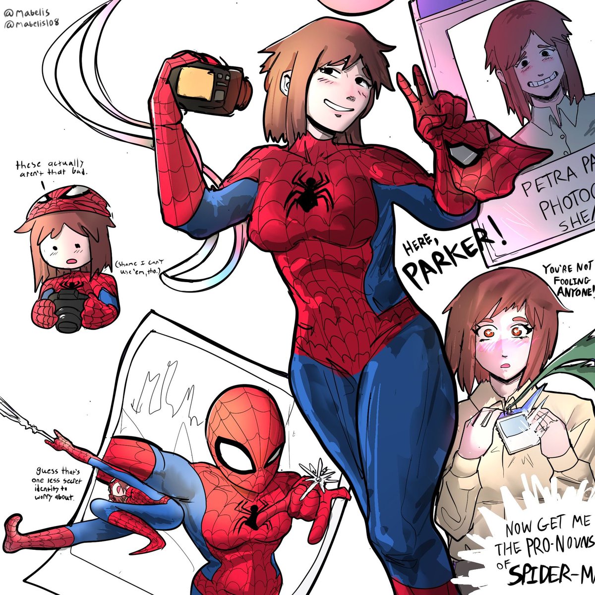 FarmIykay's tweet photo. "PARKER! Get those PRONOUNS on MY DESK by the end of the day OR you'll be IDENTIFYING as UNEMPLOYED!" #spiderman 

Artist; maebinaut on Bluesky https://t.co/kdbXw62q14