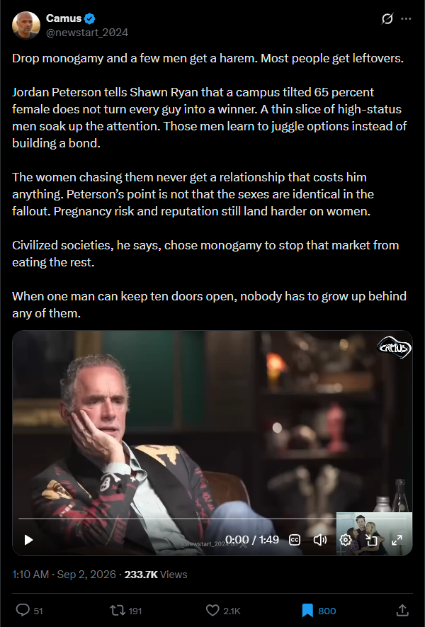 nuance_enjoyer's tweet photo. Was monogamy successful because it pacified the unmated masses, as a popular view has it?

The logic is simple: polygyny creates a zero-sum marriage market that locks large numbers of men out, forcing them to violently compete for a piece of the pie.🧵 https://t.co/RY2FUsOZaE