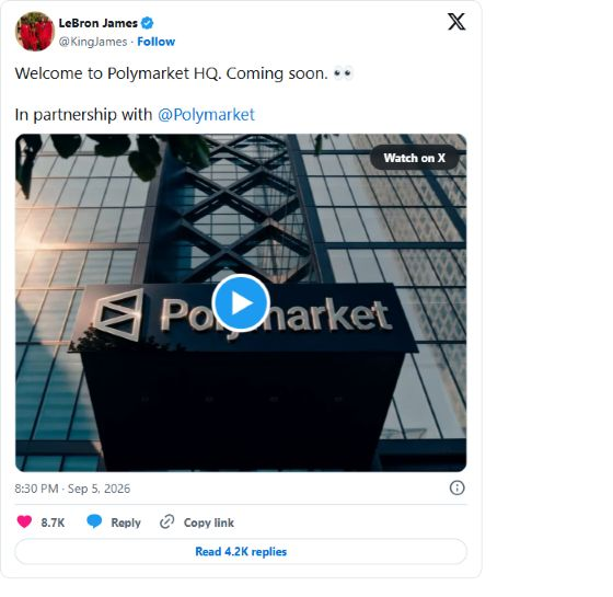 jakyhap's tweet photo. 詹姆斯这次不是“被预测”，而是亲自走进了预测市场。
他在 X 发布了一段14秒预告，写明与 Polymarket 合作。其发言人随后确认：更完整的 football 主题活动将在下周推出。不过，他究竟是拍广告、做代言，还是存在更深层合作，目前都没有公布。
真正值得注意的，不只是一个 NBA 巨星接了商务，而是 Polymarket 正试图把预测市场推向更主流的体育人群。
以前球迷争谁是 GOAT，靠嗓门；以后可能要靠盘口——嘴硬免费，点下买入可是真金白银。😂
名人能够降低理解门槛，也可能让粉丝误把“市场概率”当成“未来发来的内部短信”。所以先别看见“Coming soon”就自动脑补成发币、空投或者财富密码。
你觉得这是预测市场正式出圈，还是体育营销终于盯上了球迷钱包的最后一道拉链？
关注我，热点负责热，我负责把水分拧干。
#Polymarket #LeBronJames #预测市场 #Crypto