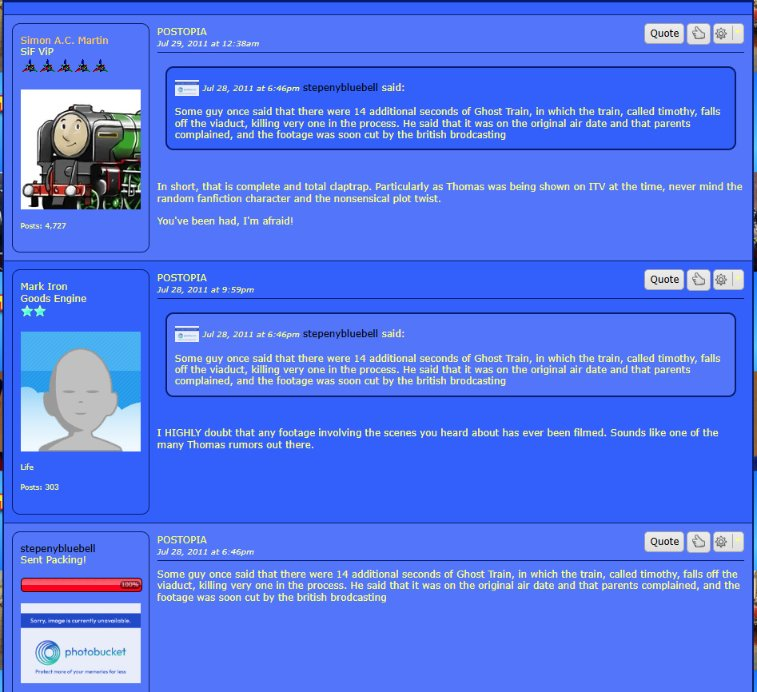 MaxMan1245's tweet photo. @SodorPro @snow_machine01 @starlightfan02 If it were still 2025, I would've said it was Urbankiller135 who made Timothy back in Dec. 2012, but @/Ricardo19992009 found an SiF thread that shows Timothy has actually existed since at least July 2011. So yeah, saying we don't know who made him is correct. https://t.co/HqZxuRS4EJ